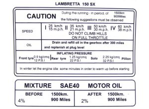 Lambretta Sticker, running in, Sx150