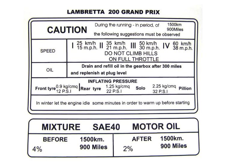 Lambretta Sticker 'Running in' Gp200