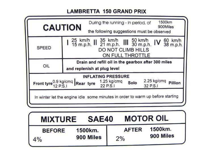 Lambretta Sticker, running in, Gp150