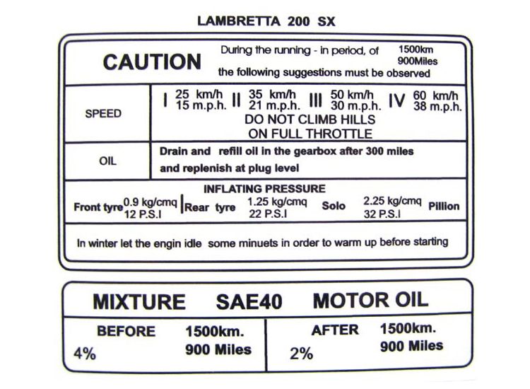Lambretta Sticker, running in, Sx200