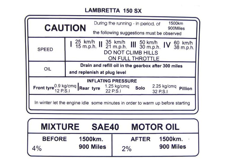 Lambretta Sticker, running in, Sx150