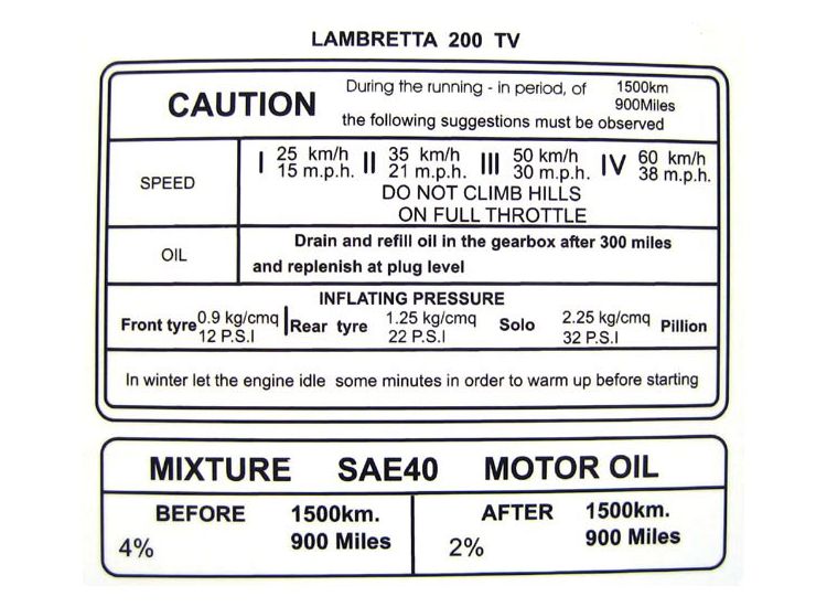 Lambretta Sticker, running in, Tv200