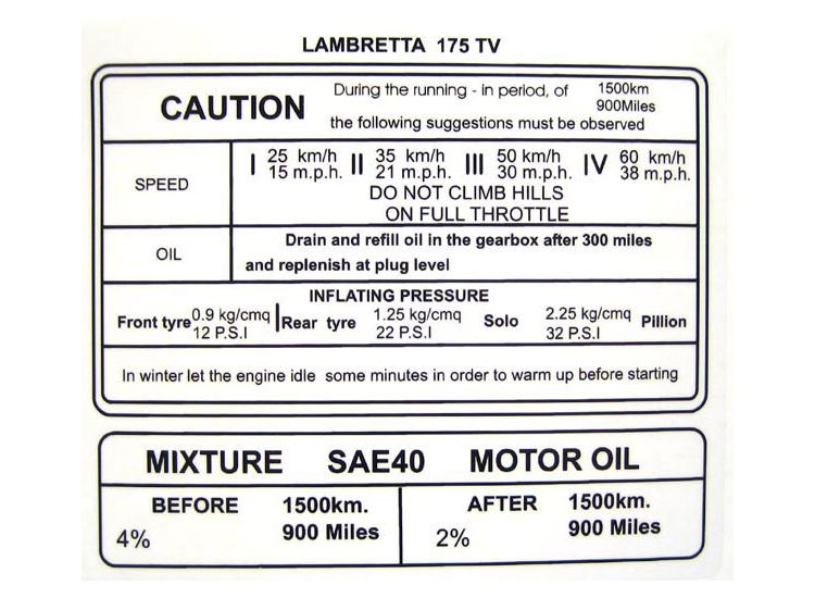 Lambretta Sticker, running in, Tv175