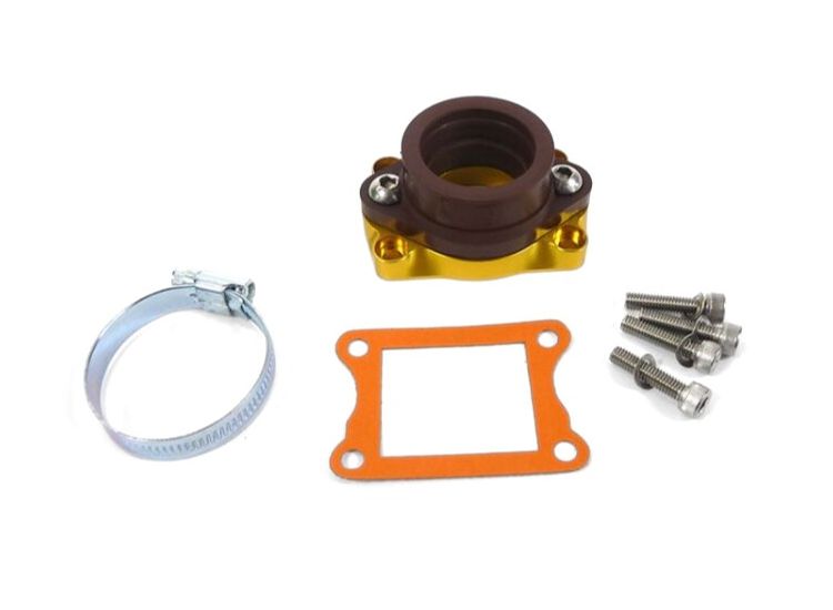 Inlet manifold, Lambretta large block, Shorty 6 petal reed valve adaptor plate with flange rubber, Mikuni TMX35mm/Amal, Race-Tour MB