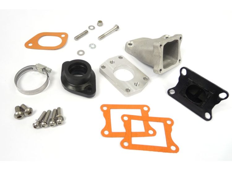 Inlet manifold, Lambretta large block, Shorty 6 petal reed valve assembly flange adaptor type, Dellorto PHBL, Race-Tour MB