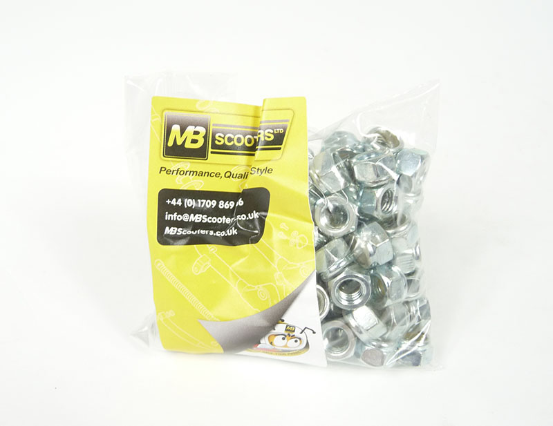 Lambretta original looking wheel nut with White nyloc insert, 8mm,stainless steel, Bag of 100