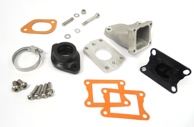 Lambretta Inlet manifold, large block, MB Shorty reed valve (block) assembly kit, 6 petal, flange adaptor type, Dellorto PHBL, MB