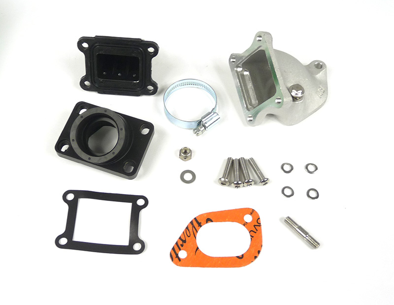 Lambretta Inlet manifold, large block, MB Shorty reed valve (block) assembly kit, 6 petal, Dellorto PHBH, Malossi rubber, MB