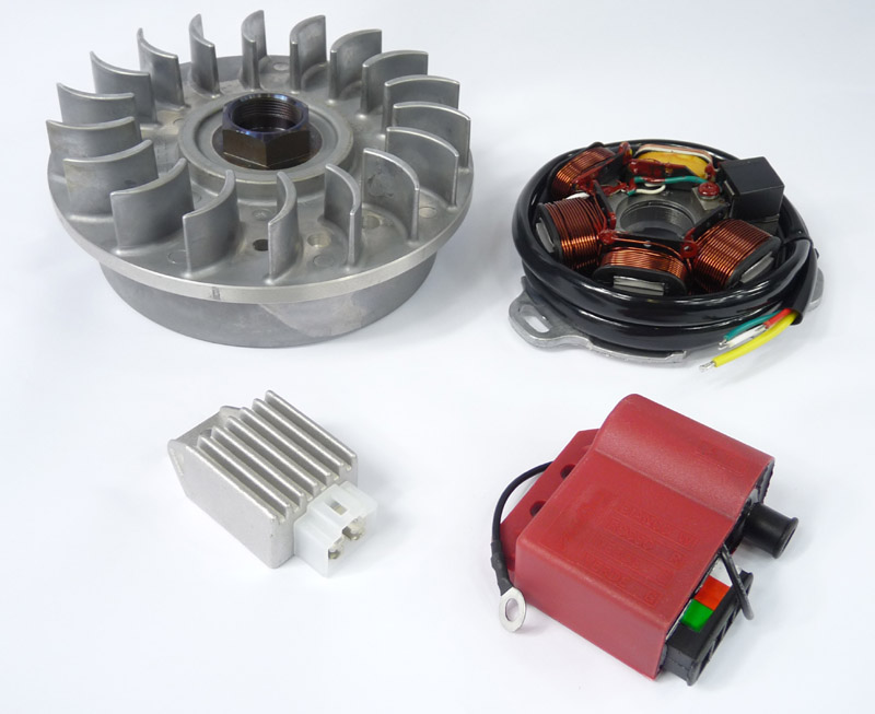 Lambretta Electronic ignition kit, AC, Li, Sx, Tv (flywheel, stator, Red CDI, reg/rec) bgm