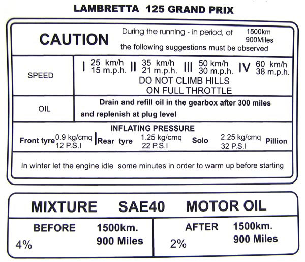 Lambretta Sticker, running in, Gp125