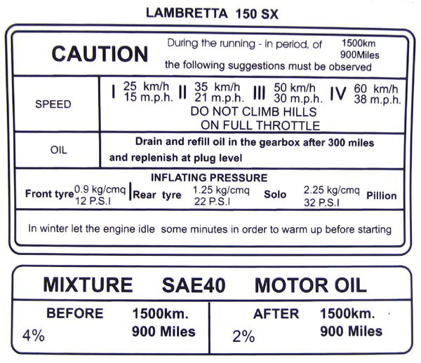 Lambretta Sticker, running in, Sx150
