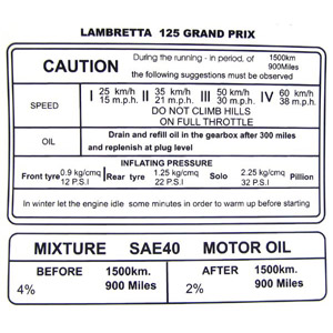 Lambretta Sticker, running in, Gp125