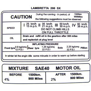 Lambretta Sticker, running in, Sx200