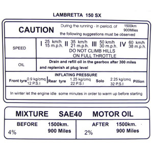 Lambretta Sticker, running in, Sx150