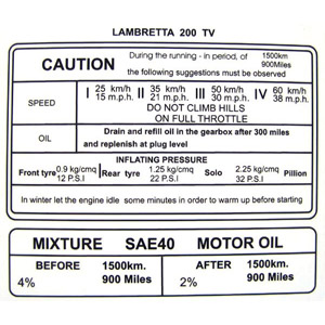 Lambretta Sticker, running in, Tv200