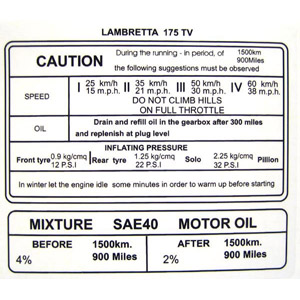 Lambretta Sticker, running in, Tv175